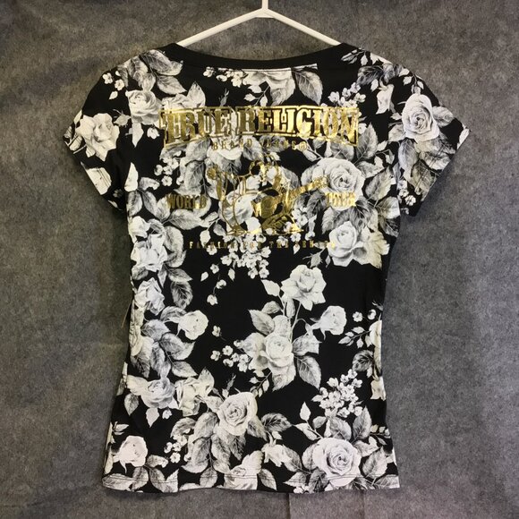 TRUE RELIGION Women's T-shirt XS Black Floral Gold Crystal BUDDHA LOGO NWT - Picture 3 of 8
